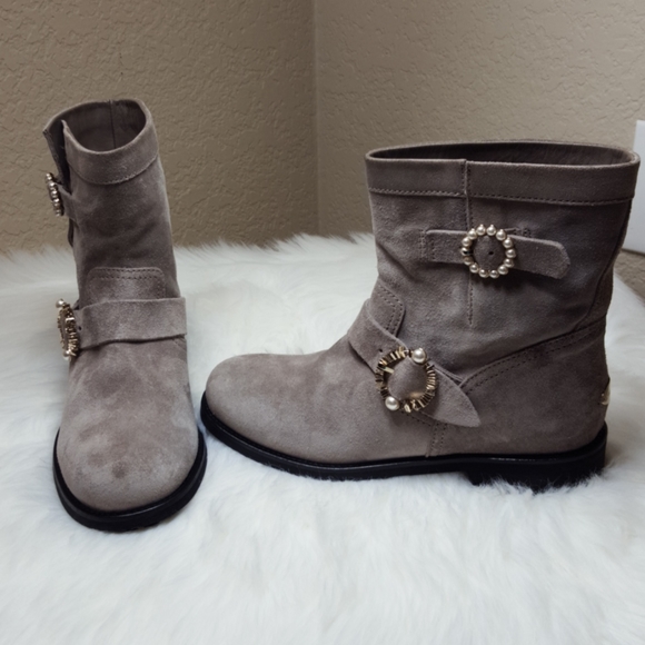Jimmy Choo Youth Pearls Buckle Booties Taupe Sz 7 - Picture 9 of 10